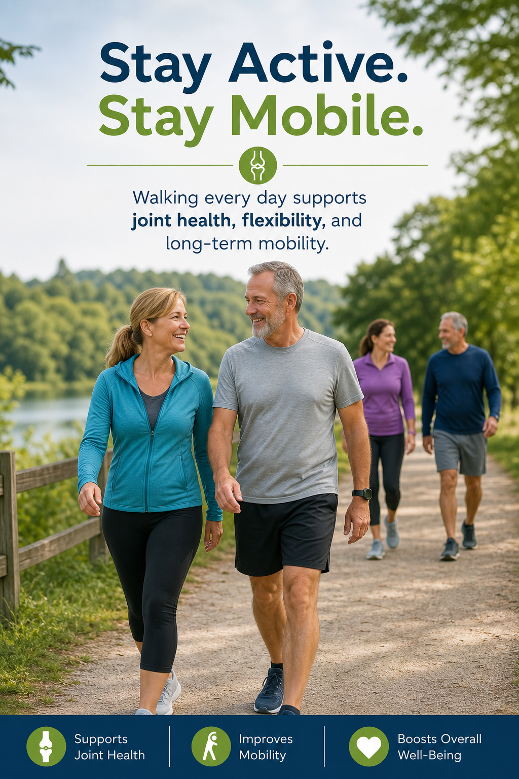 Active adults over 40 walking outdoors to support joint health and mobility