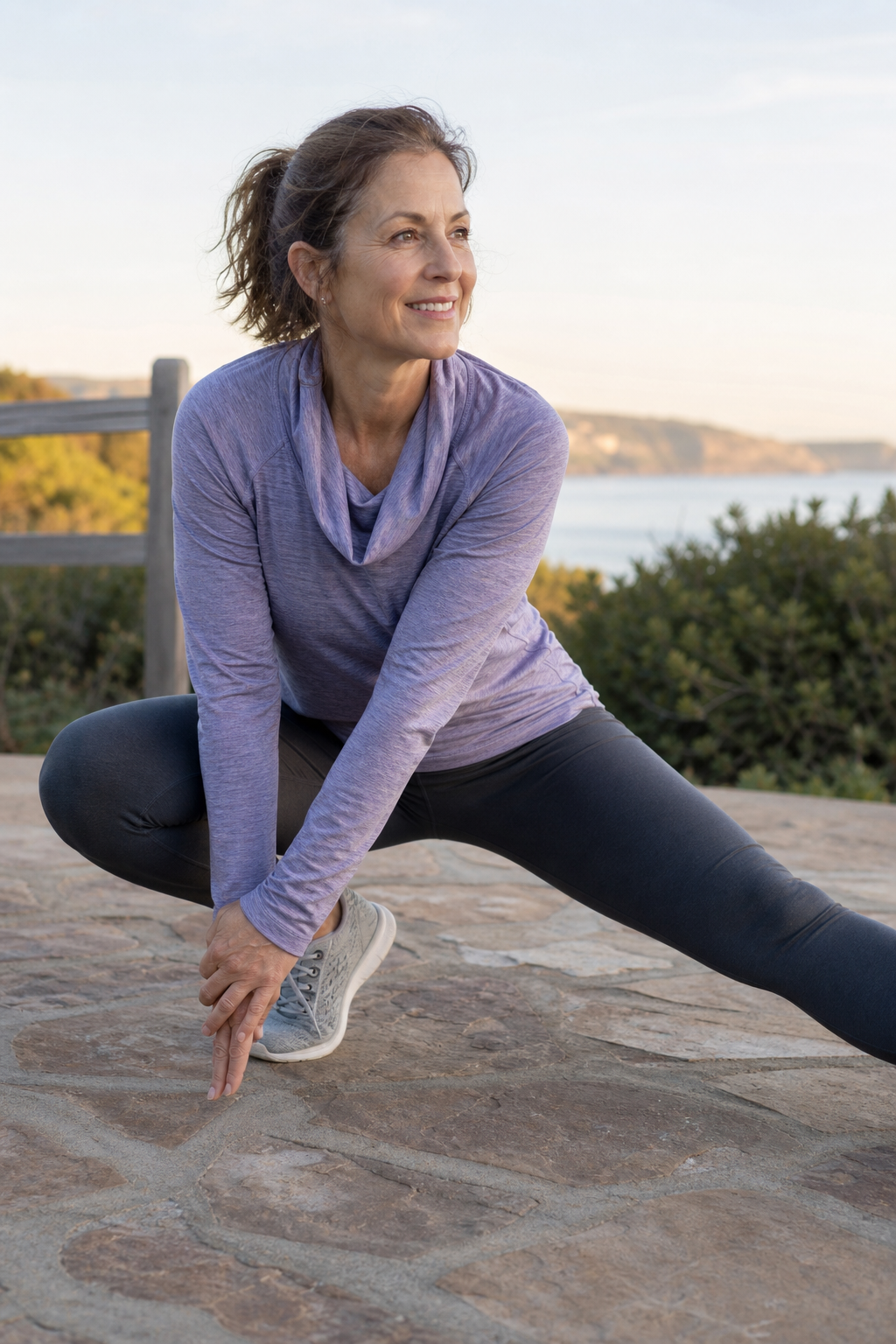 Woman over 40 stretching outdoors for flexibility and healthy movement