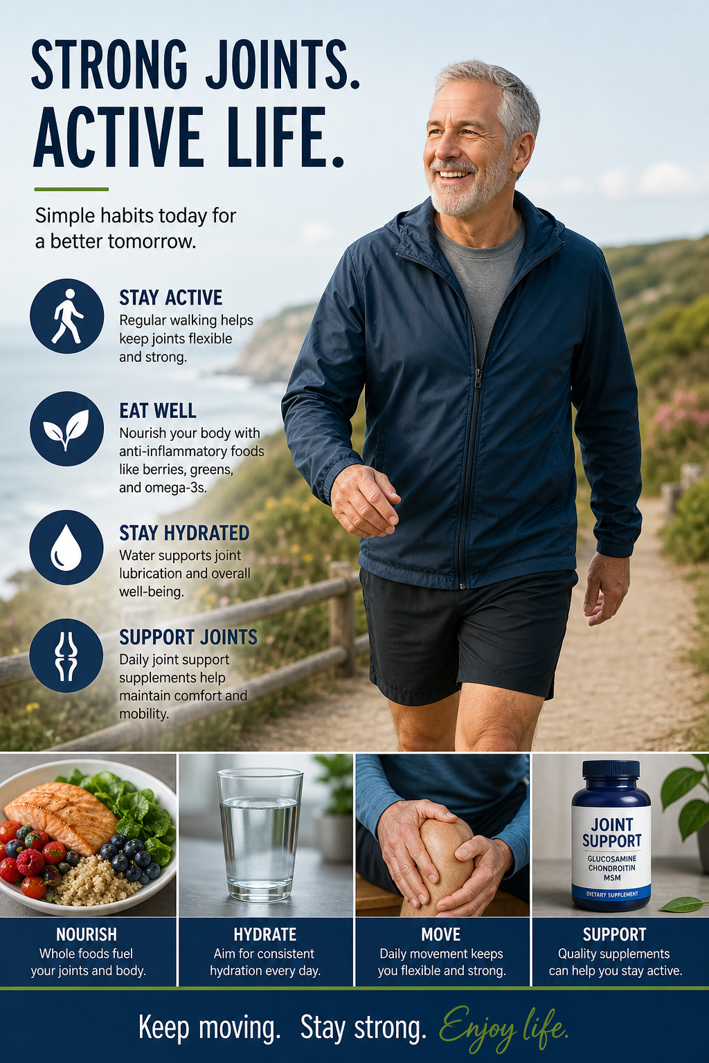 Man over 50 enjoying an active lifestyle with walking and healthy joint support habits