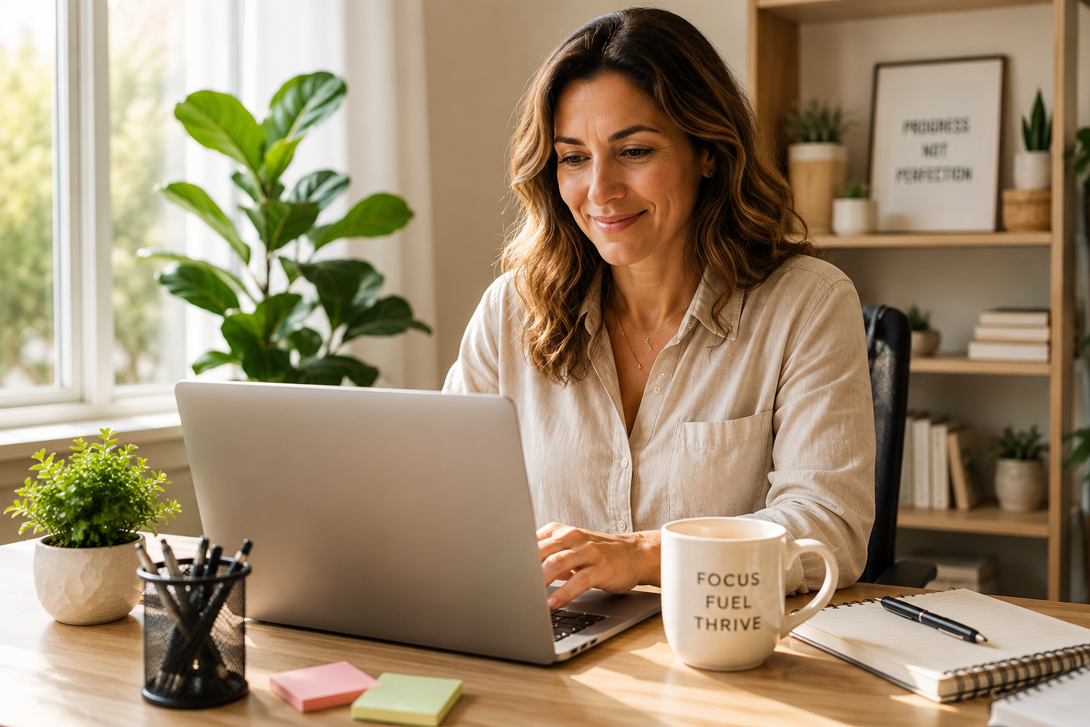 a bright cozy home office scene with a woman work
