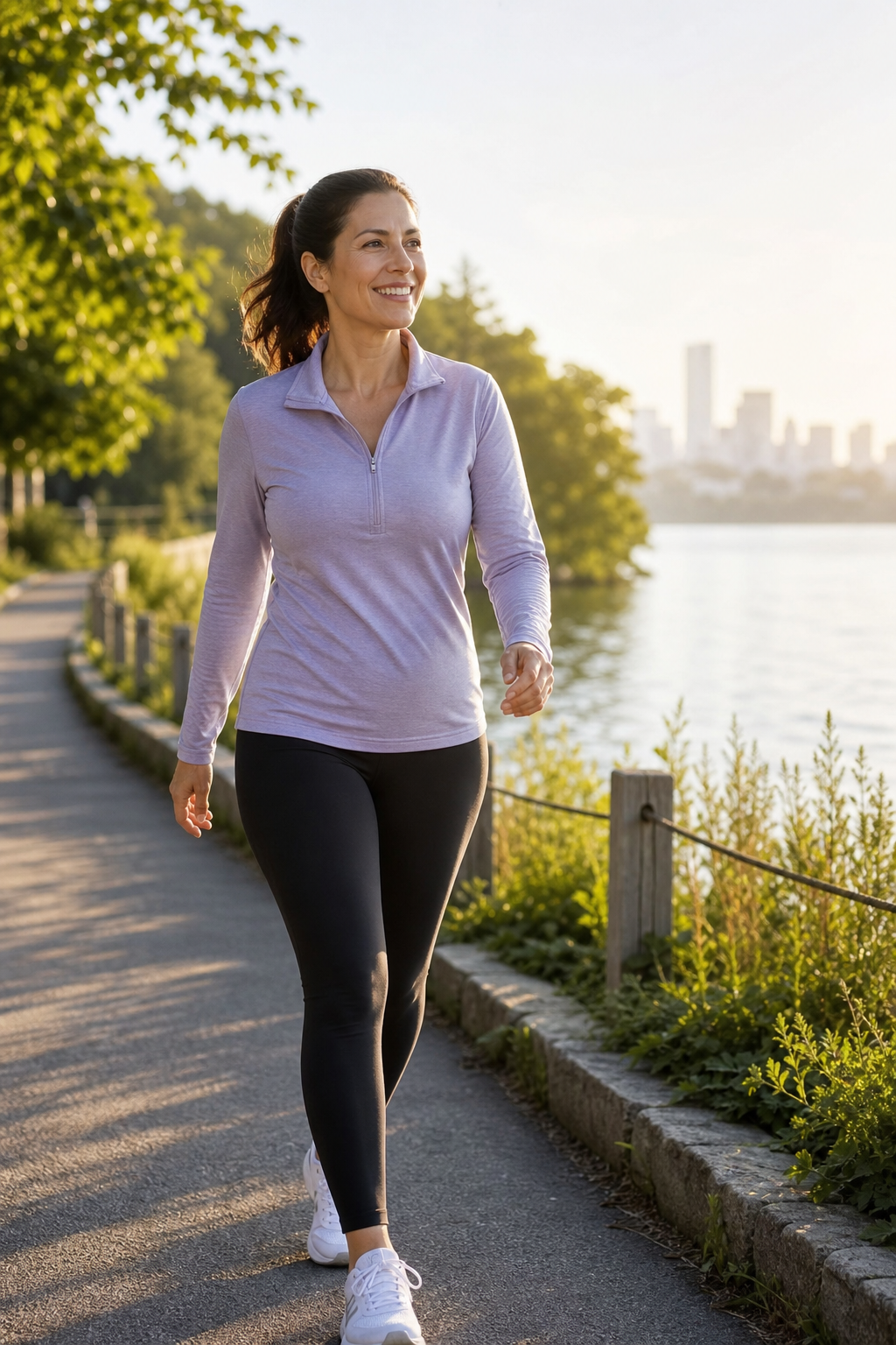 Adult woman walking outdoors as part of a healthy morning wellness routine