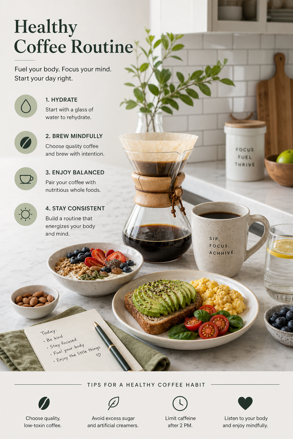 Healthy coffee routine with a clean kitchen counter and balanced breakfast foods