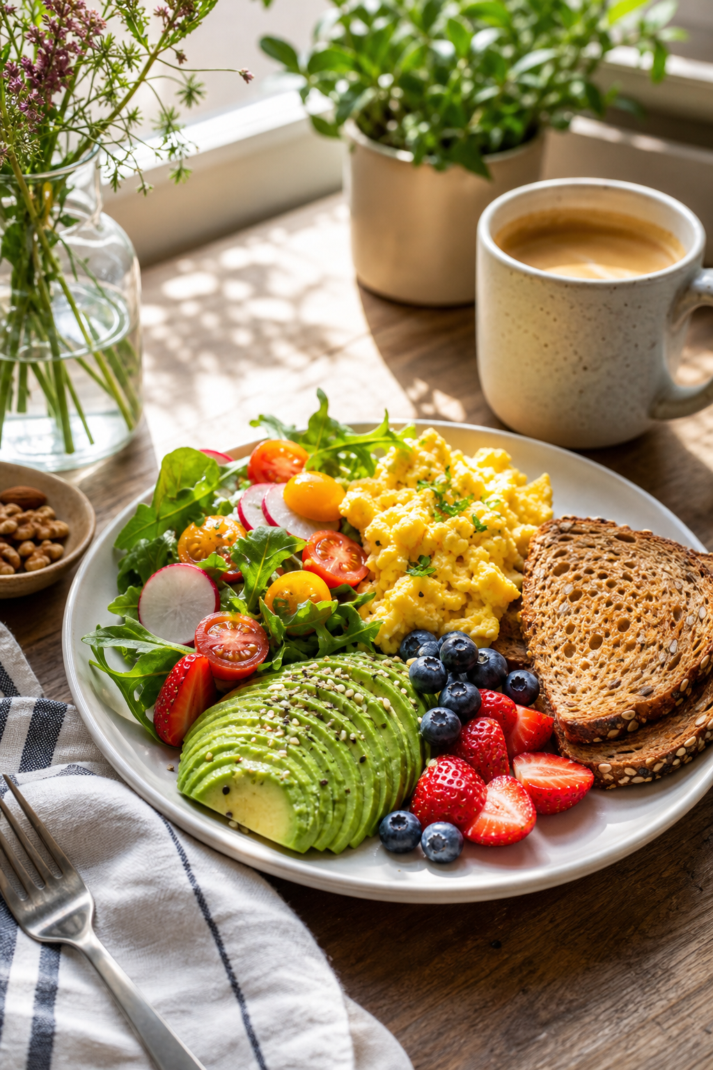 Colorful healthy meal on a table with coffee and natural morning light